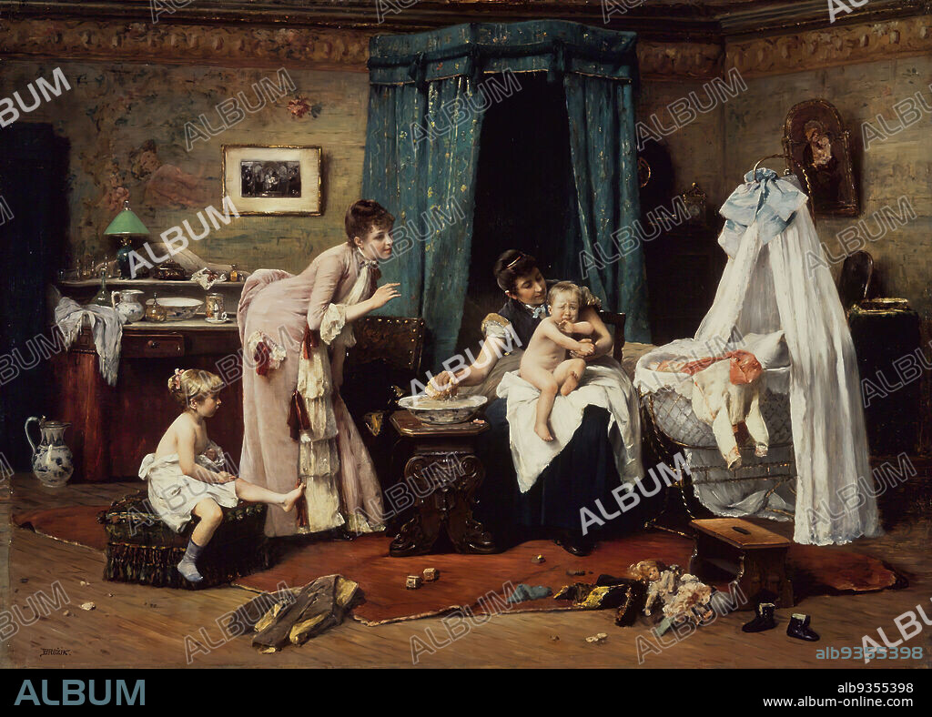 Children's Toilette, Václav Bro¸ík, Czech, 1851-1901, Oil on panel, Europe, late 19th century, Panel: 37 x 51 1/2 in., 94 x 130.8 cm, baby, bassinet, bath, bed, chaos, childcare, children, crying, czech painting, domestic, european, interior, mother, naked, nude, nurse, nursery, perversity, servant, shoes, tears, toys, Victorian.