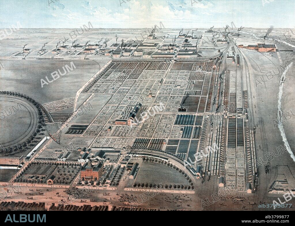 Entitled: "The Great Union Stock Yards of Chicago. The largest live stock mart in the world." The Union Stock Yard & Transit Company was the meatpacking district in Chicago. The district was operated by a group of railroad companies that acquired swampland and turned it into a centralized processing area. Construction began in June 1865 with an opening on Christmas Day in 1865. By the 1890s, the railroad money behind the Union Stockyards was Vanderbilt money. The Union Stockyards became known as "hog butcher for the world" and the center of the American meatpacking industry for decades. The stockyards have become an integral part of the popular culture of Chicago's history. From the Civil War until the 1920s and peaking in 1924, more meat was processed in Chicago than in any other place in the world. The Yards closed at midnight on Friday, July 30, 1971, after several decades of decline during the decentralization of the meatpacking industry. The Union Stock Yard Gate was designated a Chicago Landmark in 1972, and a National Historic Landmark in 1981. Lithograph created by Charles Rascher, 1878.