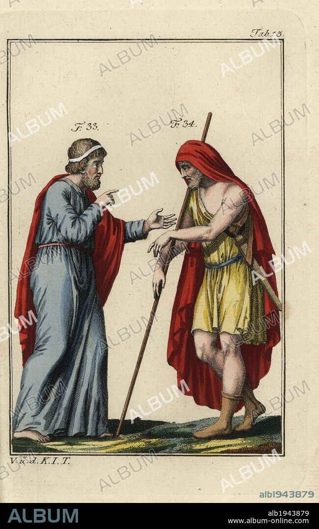 Creon, King of Corinth, in Greek regal costume with diadem. King Agamemnon in chamys with sceptre and parazonium (dagger). Handcolored copperplate engraving from Robert von Spalart's "Historical Picture of the Costumes of the Principal People of Antiquity and of the Middle Ages" (1796).
