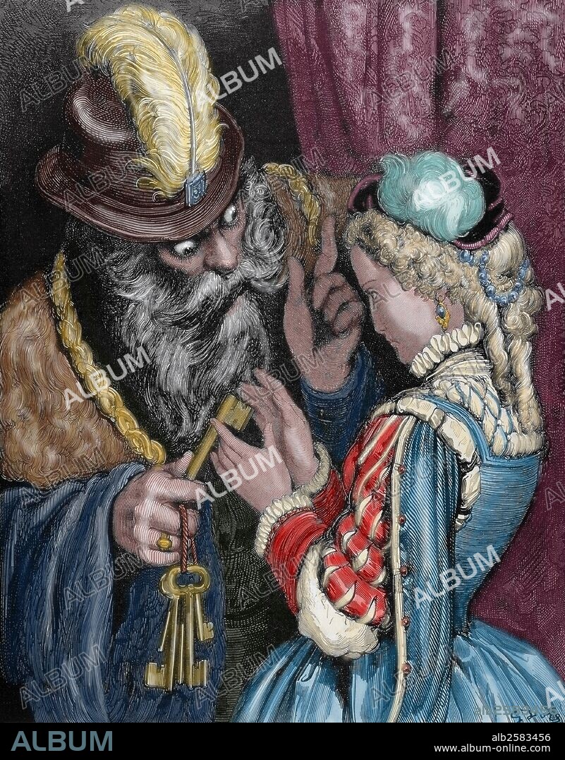 PAUL GUSTAVE DORÉ (basado en). PERRAULT, Charles (París,1628-París,1703). Escritor francés. "BARBA AZUL". Grabado de Gustavo DORE reflejando el pasaje del cuento donde el personaje exclama: "Porque si te atrevieras a abrirlo... infeliz! nada podría librarte de mi furor". Coloreado.