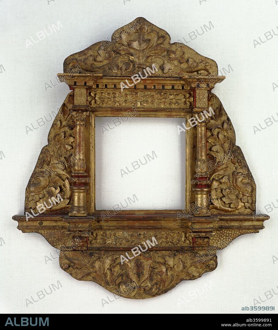 Restello. Culture: Italian, Venice. Dimensions: Overall, 78.8 x 72.3 cm; sight, 25.8 x 25.5 cm; rebate, 28 x 27.5 cm.. Date: early 16th century.
Essentially a tabernacle with decorative relief panels, this carved and gilt mirror frame is structurally similar to a type of tabernacle frame made for private devotional images in Venice and the Veneto during the first third of the sixteenth century. The present mirror is a modern replacement. Holes in the base molding, now plugged, evidently held hooks for hanging combs and brushes. Mirror frames of this type must have been common at one time, though surviving examples are relatively rare. The Lehman example is decorated with polychrome and pastiglia (applied ornament of gesso). Detached candelabrum-style columns support imposts punched with a scale pattern and a dentilated cornice with blue recesses. The base of the frame is supported on consoles above a relief panel in the form of an antependium, which is carved with acanthus leaves around a shield. The top and sides of the frame are similarly extended with relief panels of summary griffins, acanthus, and vine leaves against a punched ground. The entablature and predella friezes are filled with pressed pastiglia ornament.