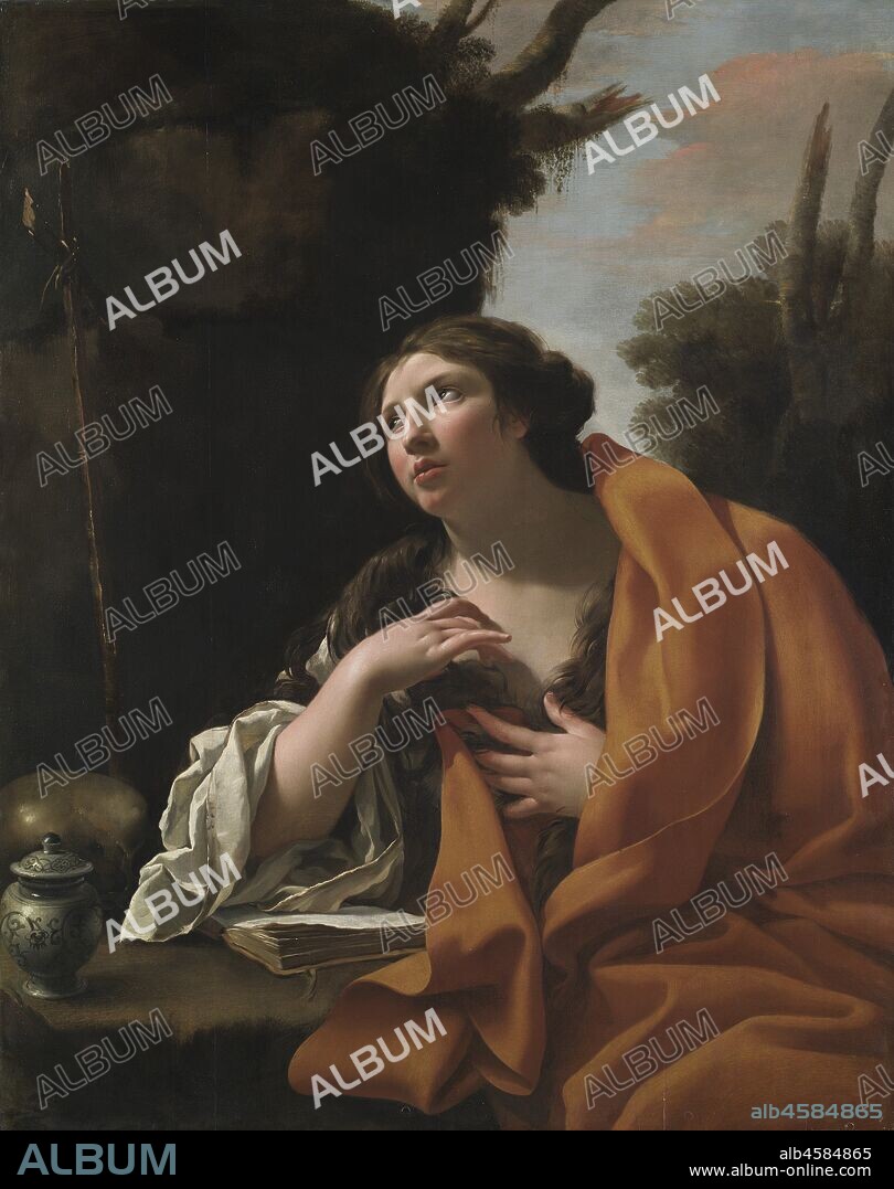 Saint Mary Magdalen , c. 1630. Vouet worked in Rome for several years before he was summoned back to France in 1627 to serve as court painter to King Louis XIII. This painting, executed soon after his return, reveals how skillfully Vouet adapted his Italian experiences to local tastes: the focus on a single monumental figure, positioned close to the picture plane, reflects the influence of Caravaggio, but the vivid pastel colours accord with the French preference for a brighter palette. Representations of the penitent Magdalene?expressing Christian devotion but also sensuality?were exceedingly popular in the 1600s.