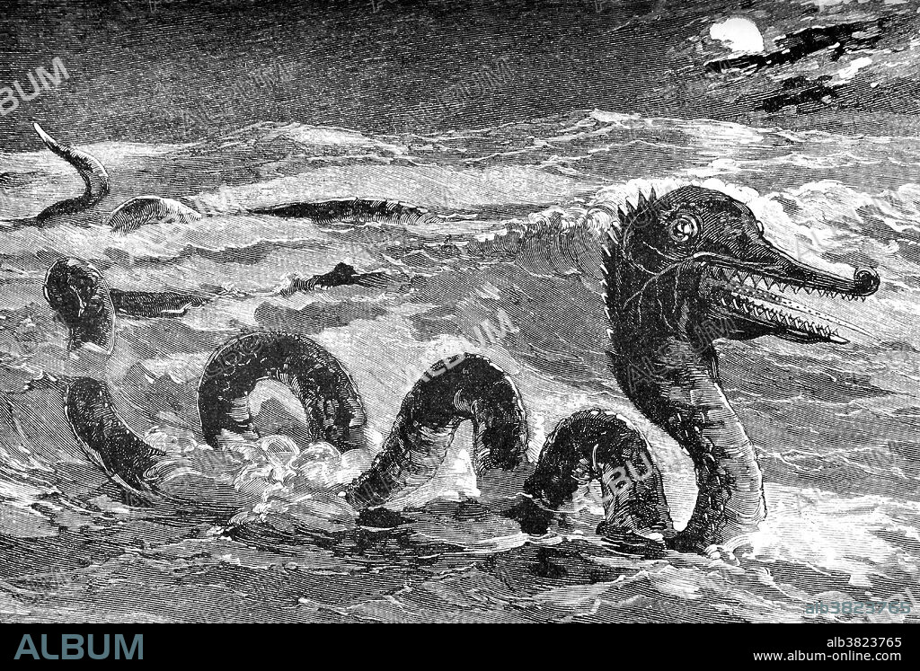 Sea monsters are sea-dwelling mythical or legendary creatures, often believed to be of immense size. Marine monsters can take many forms, including sea dragons, sea serpents, or multi-armed beasts. They can be slimy or scaly and are often pictured threatening ships or spouting jets of water. Image appeared in "The great sea-serpent. An historical and critical treatise. With the reports of 187 appearances...the suppositions and suggestions of scientific and non-scientific persons, and the author's conclusions", 1892.
