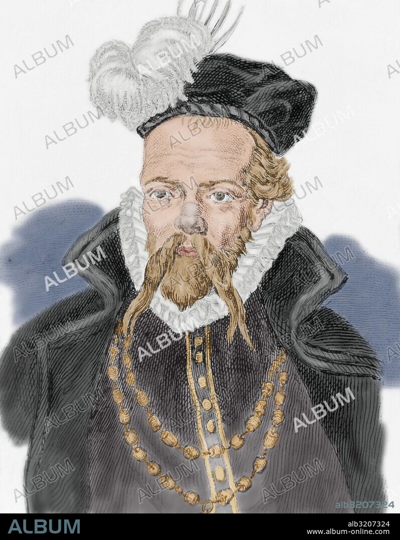 Tycho Brahe (1546-1601). Danish nobleman known for his astronomical and planetary observations. Portrait. Engraving. Colored.