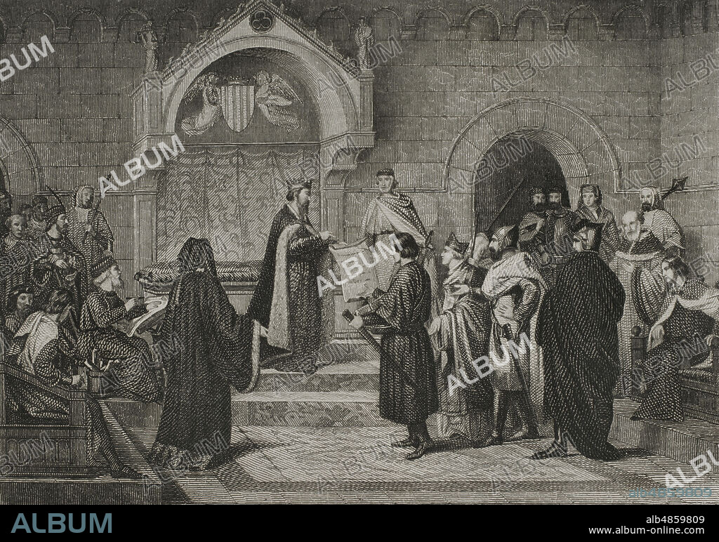 El rey Pedro III de Aragon"el Grande" (1240-1285) ratificando los derechos y privilegios de la ciudad de Barcelona, "Recognoverunt Porceres". Privilegio concedido por Pedro III a la ciudad el 11 de enero de 1284, durante las Cortes de Barcelona (1283-1284). Ilustración por Lorenzale. Grabado por Furnó. Historia de Cataluña y de la Corona de Aragón, por Victor Balaguer. Tomo II. Barcelona,1861.