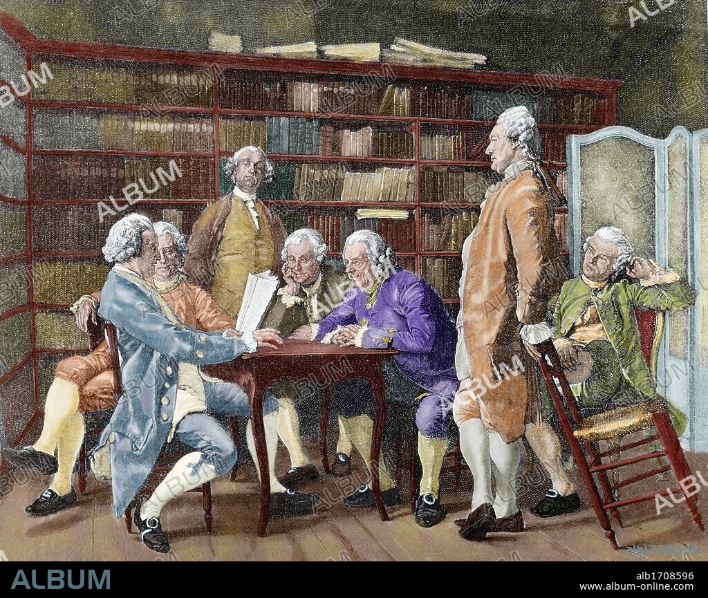 DIDEROT, Denis (Langres,1713-París,1784). Escritor y filósofo francés. Deísta en el periodo anterior al año 1750 y materialista más tarde. Ilustrado defensor del progreso. De 1747 a 1772 asumió la dirección de la Enciclopedia. "LA TERTULIA DE DIDEROT". Grabado coloreado de "La Ilustración Artística" (año 1888) .