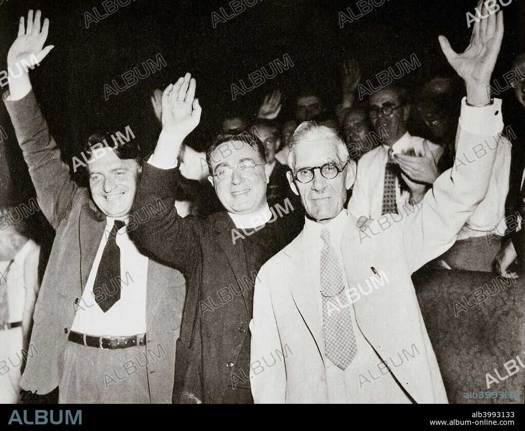 Gerald LK Smith with Dr Francis E Townsend flanking Father Charles Coughlin, 1936. Left to right: Gerald Lyman Kenneth Smith (1898-1976); Father Charles Edward Coughlin (1891-1979); Dr Francis Everett Townsend, (1867-1960). Born in Canada, Coughlin was a Catholic priest and a controversial radio personality in 1930s America. He broadcast programmes commenting on political and economic issues that became increasingly anti-semitic and sympathetic to the policies of Hitler and the Nazis towards the Jews and Communists. Smith was a right-wing politian and activist who founded the America First Party in 1943. He was a white supremacist and a member of a pro-Nazi movement known as the Silver Shirts, modelled on the Brownshirts of Nazi Germany. Townsend was a physician and social reformer who proposed an old age pension plan during the Great Depression. The three men formed the short-lived Union Party, a political party opposed to the New Deal policies of Franklin D Roosevelt, for the 1936 US presidential election.