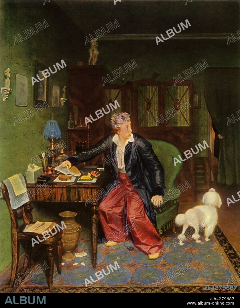 PAVEL ANDREEVICH FEDOTOV. 'An Aristocrat Takes Breakfast', or 'Silk on His Stomach and Nothing Inside', 1849-1850, (1965). A young man in a silk dressing gown hurries to cover a meagre slice of bread with a book, as a visitor draws back the curtain of his bedsitting-room. Scattered playbills are evidence of his love of the arts. Painting, also known as 'The Aristocrat?s Breakfast', 'False shame', and 'An Unwelcome Visitor', in the State Tretyakov Gallery, Moscow. From "Russian Painting of the 18th and 19th Centuries" by Vladimir Fiala. [Artia, Czechoslovakia, 1965].