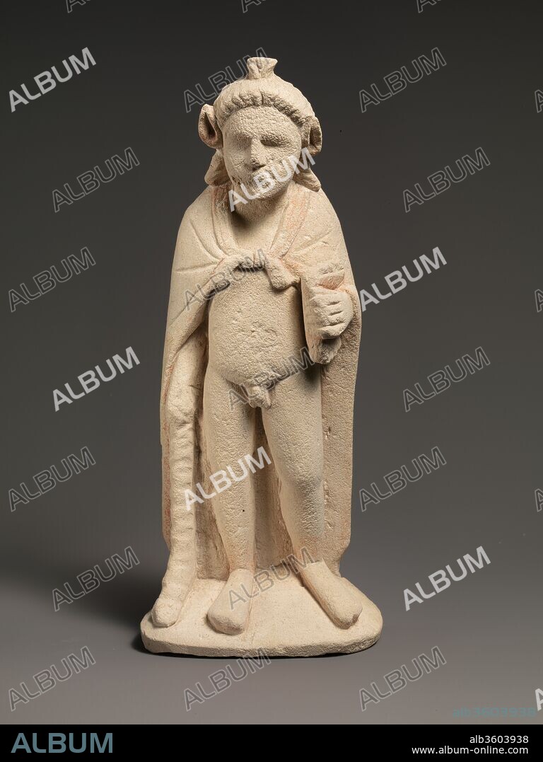 Limestone statuette of Pan or Opaon Melanthios. Culture: Cypriot. Dimensions: Overall: 12 1/2 x 5 1/2 x 2 3/4 in. (31.8 x 14 x 7 cm). Date: 3rd century B.C..
This figure with the horns and ears of a goat wears an animal skin and holds a syrinx (double pipes) and a pedum (shepherd's crook). Images of this type first appeared in Cypriot sanctuaries during the Hellenistic period. They may represent Pan, the Greek god who protected herdsmen and shepherds, or they may be associated with Opaon Melanthios, a Cypriot deity of rural life and fertility, who is known from inscriptions.