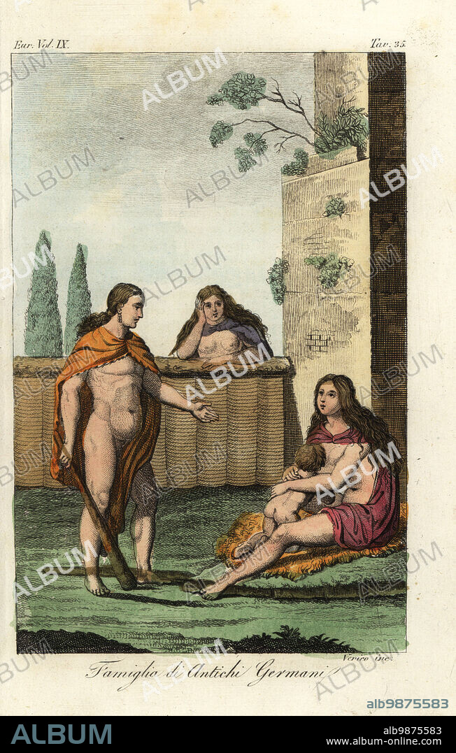 Family of ancient Germanic hunters, showing their short capes and other clothes. Man with club, woman on animal skin with child. After Philipp Cluvers Germania Antiqua. Famiglia di Antichi Germani. Handcoloured copperplate engraving by Verico from Giulio Ferrarios Costumes Ancient and Modern of the Peoples of the World, Il Costume Antico e Moderno, Florence, 1837.