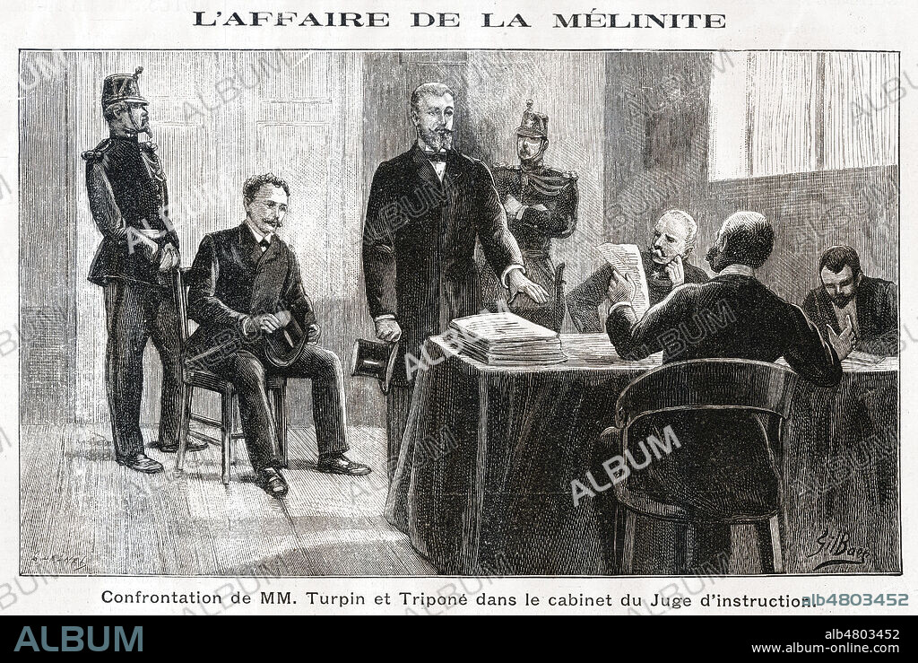 'L'affaire de la melinite : confrontation de MM. Eugene TURPIN (1848-1927) et Tripone dans le cabinet du juge d'instruction'. Gravure tiree de la Gironde Illustree en 1891. Illustration par Gil BAER . Credit : Collection KHARBINE-TAPABOR.
