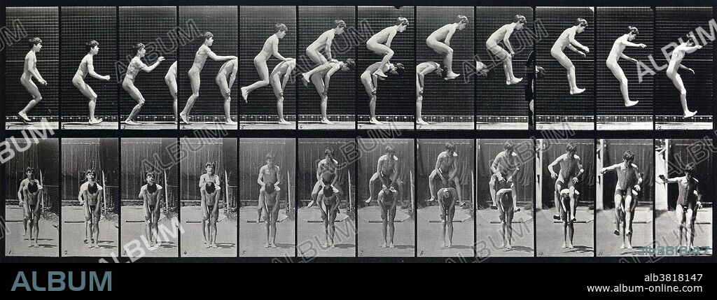 Boys playing leap frog. The more than seven hundred movement studies in Muybridge's Animal Locomotion series range from methodical investigations of the torqued actions of men, women, and a veritable bestiary to compendia of the more banal actions of daily life. Progenitors of filmic technology, Muybridge's sequences, often reconfigured for legibility rather than strict accuracy, were intended both for scientific scrutiny and artistic investigation. Image taken 1883-86, printed 1887. Eadweard James Muybridge (April 9, 1830 - May 8, 1904) was an English photographer important for his pioneering work in photographic studies of motion and in motion-picture projection. He published two popular books of his work, Animals in Motion (1899) and The Human Figure in Motion (1901), both of which remain in print over a century later. He died in 1904 at the age of 74.
