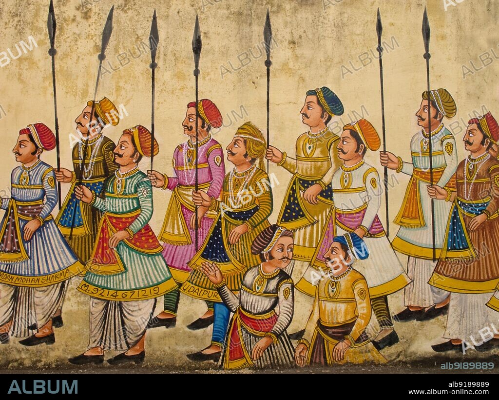 India: A procession of Rajput soldiers - mural on a wall in Udaipur, Rajasthan. Rajput (from Sanskrit raja-putra, 'son of a king') is a member of one of the patrilineal clans of western, central, northern India and some parts of Pakistan. They claim to be descendants of ruling Hindu warrior classes of North India. Rajputs rose to prominence during the 6th to 12th centuries. Until the 20th century, Rajputs ruled in the overwhelming majority of the princely states of Rajasthan and Surashtra, where the largest number of princely states were found.