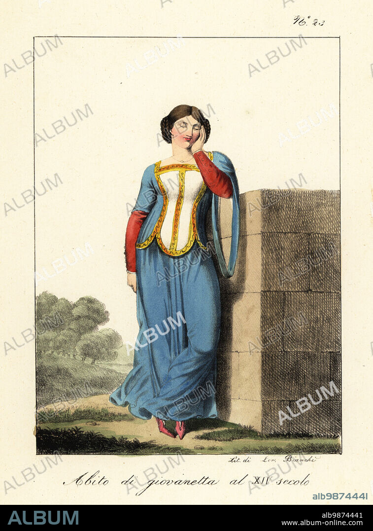 Costume of a young French woman, 14th century. Hair tied in net, gown with gold embroidered front panel, long sleeves, pink slippers. Habit des jeunes personnes au 14th siècle. Handcoloured lithograph by Lorenzo Bianchi after Hippolyte Lecomte from Costumi civili e militari della monarchia francese dal 1200 al 1820, Naples, 1825. Italian edition of Lecomtes Civilian and military costumes of the French monarchy from 1200 to 1820.