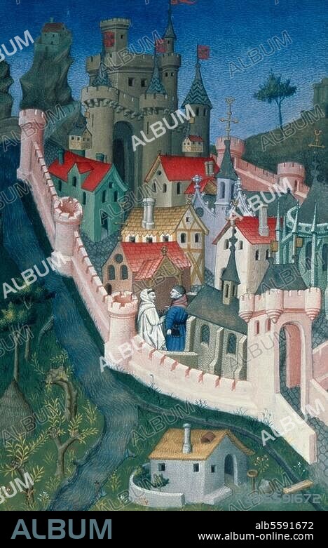 ANONYME. Avignon (Vaucluse). - Le poète Pierre Salmon en route pour Rome fait une halte à Avignon (vue de la ville avec le Palais des Papes). Enluminure française, 1409. In : "Réponse à Charles VI. et lamentation au roi sur son état" de Pierre Salmon. Paris, Bibliothèque Nationale.