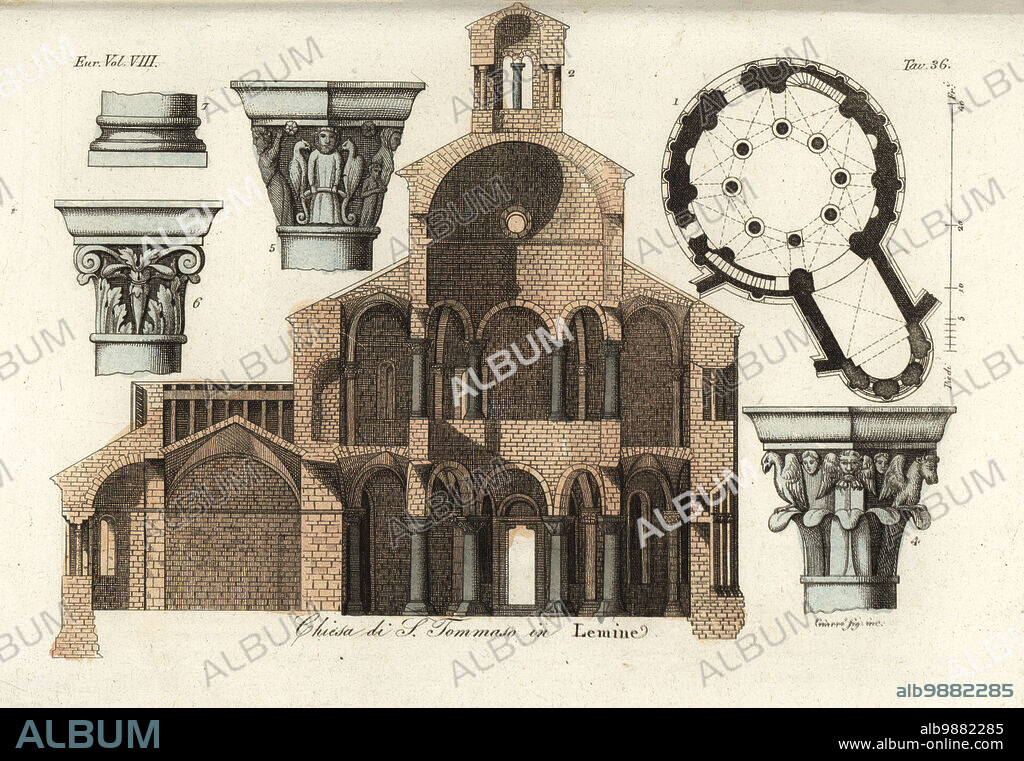 The Rotunda of Saint Thomas, Lombardy, 1823. Plan, section and carved capitals from the Rotonda di San Tome. Chiesa di S. Tommaso in Lemine. After Seroux d'Agincourts Architecture, 1823. Handcoloured copperplate engraving by Giarre from Giulio Ferrarios Costumes Ancient and Modern of the Peoples of the World, Il Costume Antico e Moderno, Florence, 1844.
