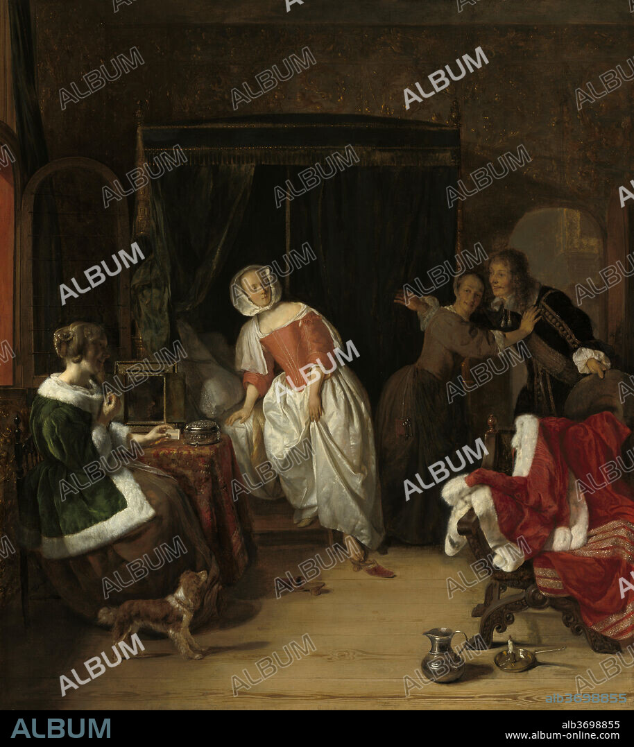 GABRIEL METSU. The Intruder. Dated: c. 1660. Dimensions: overall: 66.6 x 59.4 cm (26 1/4 x 23 3/8 in.)  framed: 93.4 x 85.1 x 12.1 cm (36 3/4 x 33 1/2 x 4 3/4 in.). Medium: oil on panel.