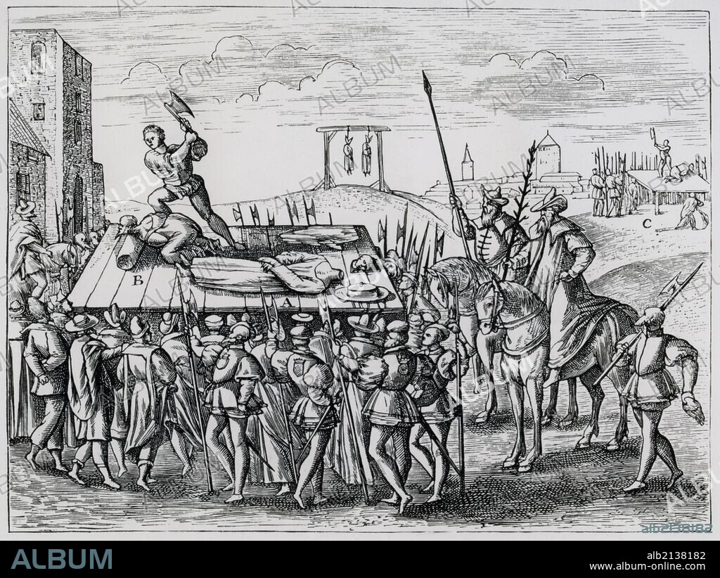 Three Roman Catholic martyrs executed on the orders of Henry VIII. Bishop Fisher in 1535, Thomas More 1535, and the Countess of Salisbury in 1541. Engravig of 1587. (Photo by: Universal History Archive/UIG via Getty Images).