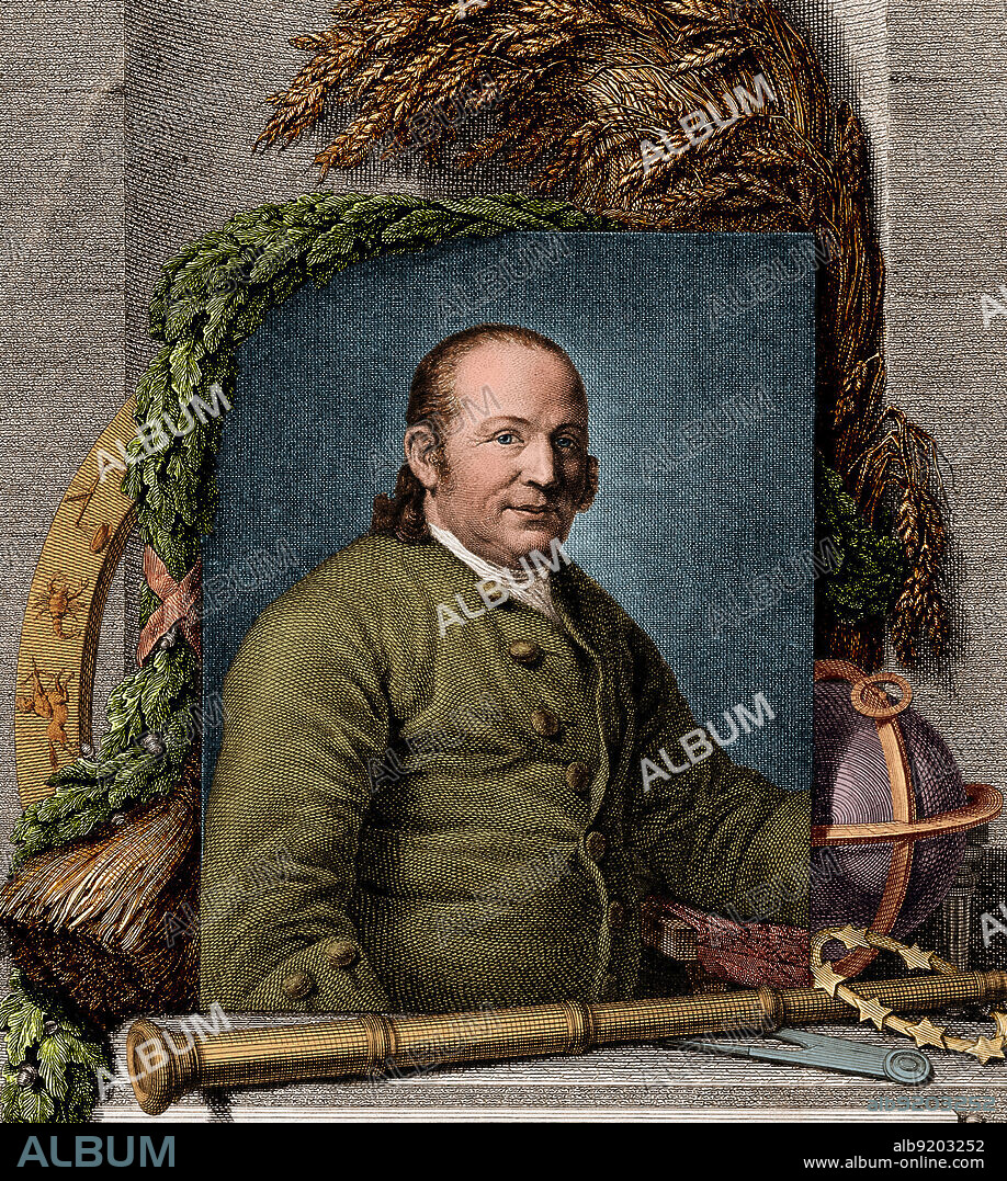 Johann Georg Palitzsch (1723-1788), German astronomer famous for recovering Comet 1P/Halley (Halley's Comet) on Christmas Day, 1758. The periodic nature of this comet had been deduced by its namesake Edmond Halley in 1705, but Halley had died before seeing if his prediction would come true. A crater and a vallis on the Moon are named after him, as is the asteroid 11970 Palitzsch. Line engraving by C. G. Schulze, 1782, after A. Graff. Colorized.