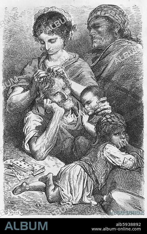 GUSTAVE DORÉ. Ethnology / Gypsies:. "Famille de gitanos, à Totana". Holzstich, 1864, based on a drawing by Gustave Doré (1832-1883). Illustration re: Ch. Davillier, Voyage en Espagne 1862. In: Le Tour du Monde, vol 10, Paris. (Hachette) 1864, p. 25. Berlin, Sammlung Archiv für Kunst und Geschichte.