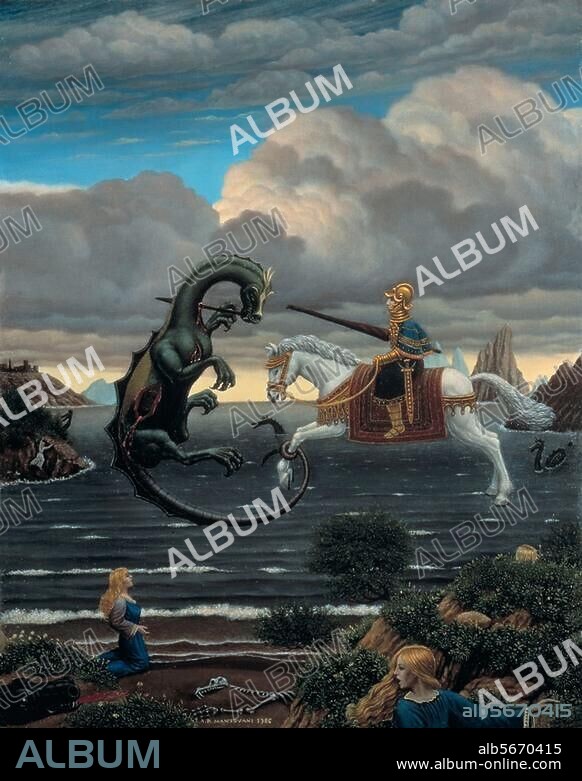 ADELCHI-RICCARDO MANTOVANI. Mantovani, Adelchi-Riccardo born 1942 in Ro, since 1964 active in Berlin. "The world of St. George", 1986. Oil, 35 × 25cm. Private collection.