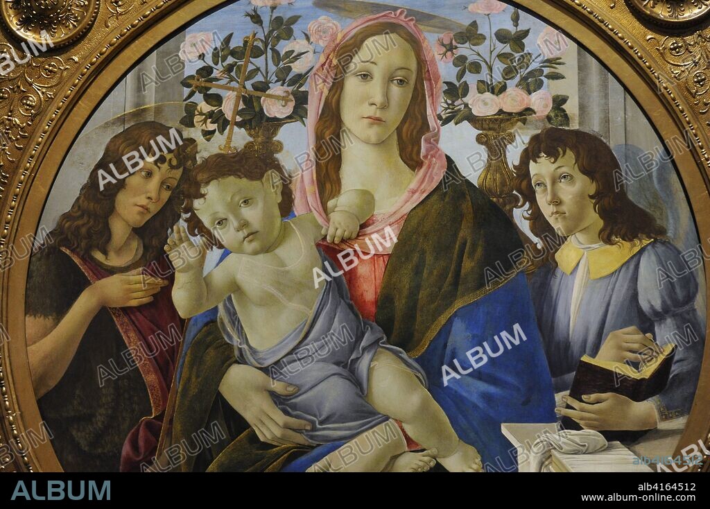 Botticelli, Alessandro o Sandro Filipepi, llamado (1445-1510). Pintor italiano. Virgen con el Niño, San Juan Bautista y ángel, hacia 1480-1510. Detalle. Óleo sobre panel. Museo Nacional de Varsovia. Polonia.