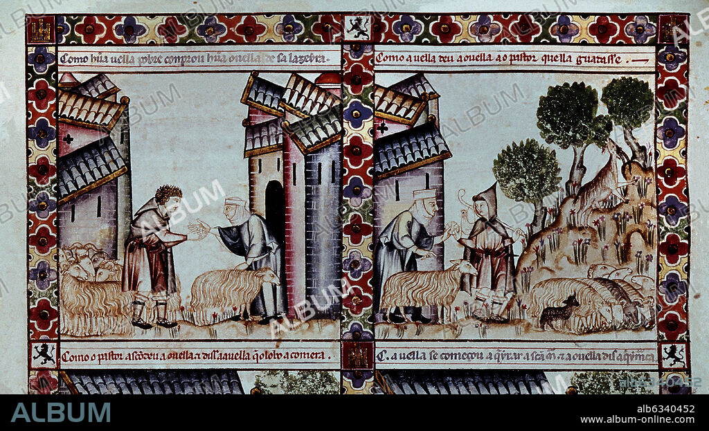 ALFONSO X OF CASTILE THE WISE. MTI1-CANTIGA DE SANTA MARIA Nº147-F203V-ROBO DE UNA OVEJA QUE BALA PARA SER ENCONTRADA POR SU DUEÑA- DETALLE.