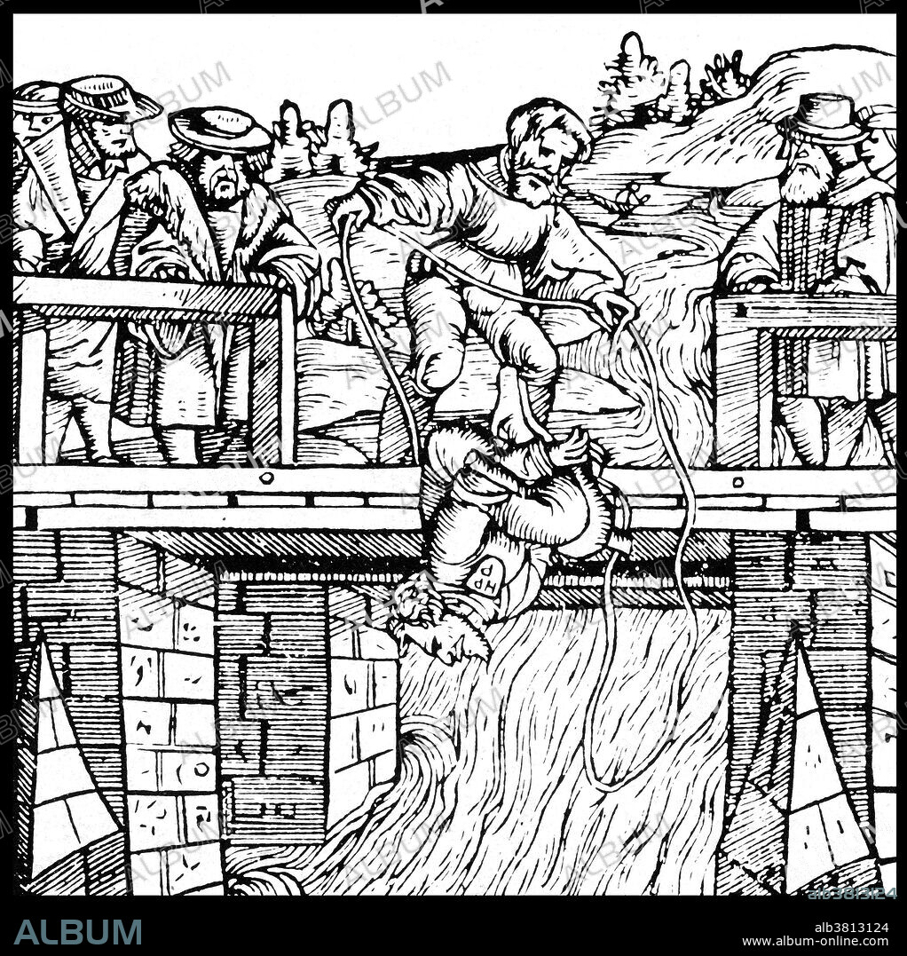 Victims were drowned in rivers, lakes and village pons, in boast and barrels, and even in bowls and saucepans. Sometimes he or she was tied up in a sack with a dozen cats. Trial by ordeal was an ancient judicial practice by which the guilt or innocence of the accused was determined by subjecting them to a painful, or at least an unpleasant, usually dangerous experience. The test was one of life or death and the proof of innocence was survival. In some cases, the accused was considered innocent if they escaped injury or if their injuries healed. During the Middle Ages, a sentence of death was read using the words "cum fossa et furca" (with pit and gallows). Drowning survived as a method of execution in Europe until the 17th and 18th centuries. England had abolished the practice by 1623, Scotland by 1685, Switzerland in 1652, Austria in 1776, Iceland in 1777, and Russia by the beginning of the 1800s. German wood but from an unknown source, early 1500s.