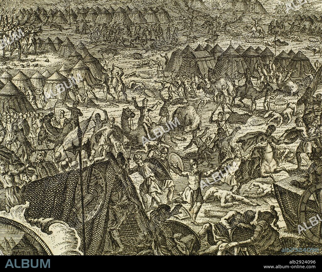 "BATALLA EN LA QUE GEDEON, POR MANDATO DE DIOS, DEBE LIBERAR AL PUEBLO DE ISRAEL DE LA OPRESION DE MADIAN". Jueces, capítulo 7. Grabado.