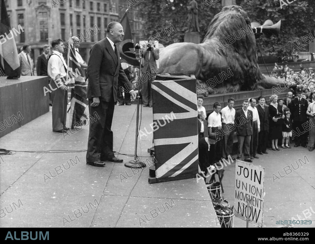 Fascist Rally in Trafalgar Square.Sir Oswald Mosley making his speech. Sir Oswald Mosley Britains No 1 fascist spoke in Trafalgar Square yesterday at the biggest rally of his supporters since the war. July 24, 1955.