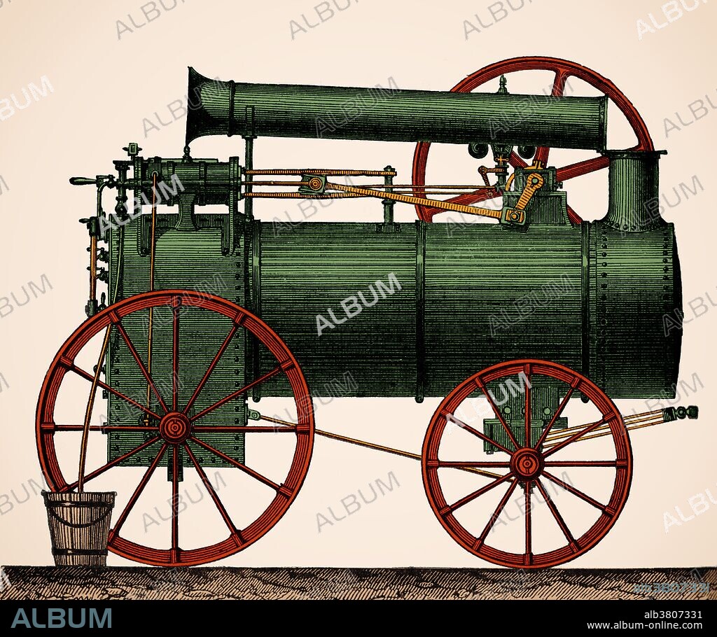 A traction engine is a self-propelled steam engine used to move heavy loads on roads, plough ground or to provide power at a chosen location. Traction engines tend to be large, robust and powerful, but heavy, slow, and difficult to manoeuvre. Nevertheless, they revolutionized agriculture and road haulage at a time when the only alternative prime mover was the draught horse. They became popular in industrialized countries from around 1850, when the first self-propelled portable steam engines for agricultural use were developed. Production continued well into the early part of the 20th century. This image has been color enhanced.