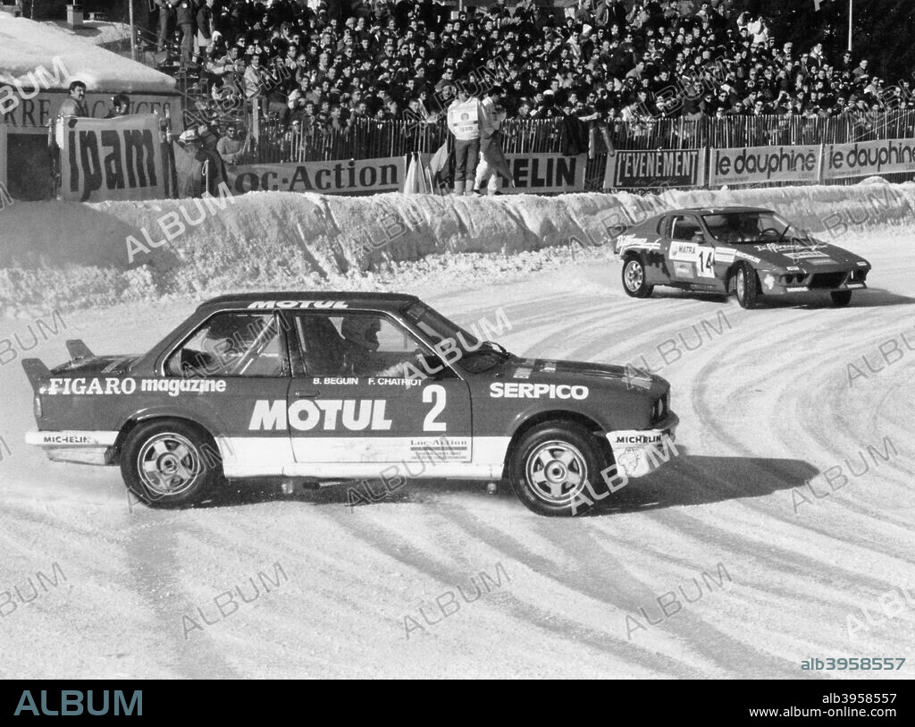 A BMW 325IX during the Chamonix Ice Race, France, 1989. Bernard Beguin and Francois Chatriot on the ice in a BMW, sponsored by Le Figaro newspaper.