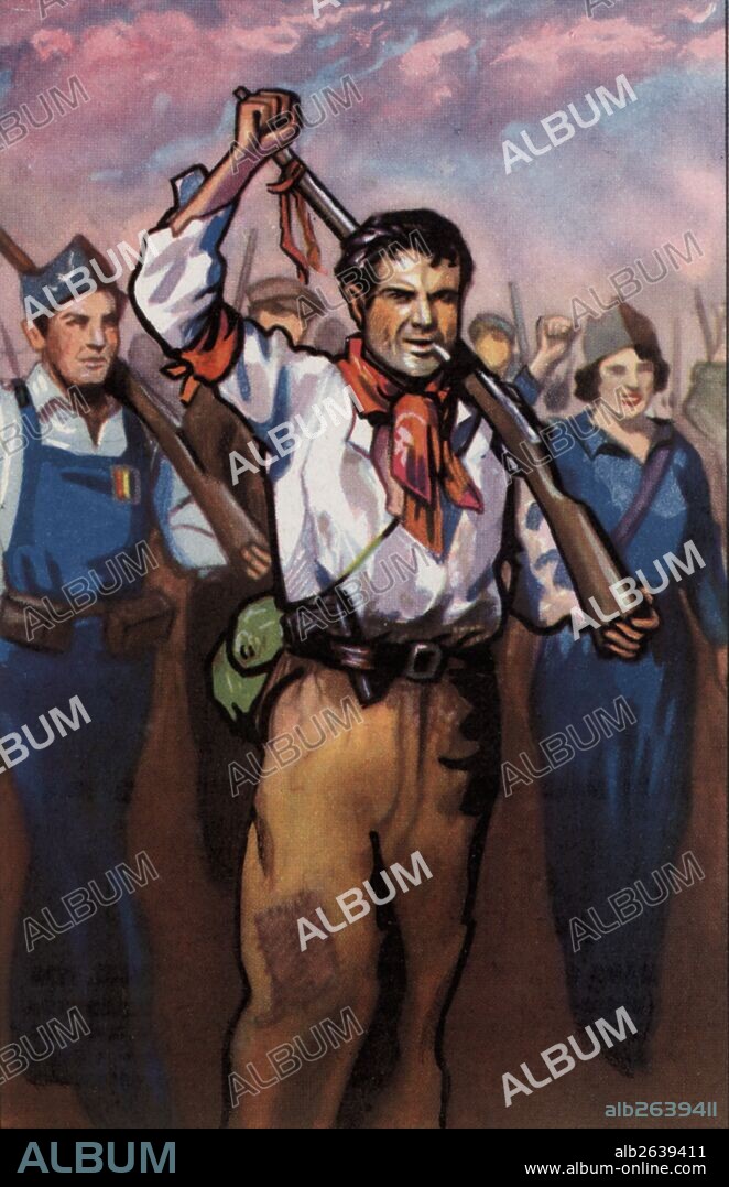 Epopeyas de la guerra civil española (1936-1939). Milicianos desfilando por las calles de Barcelona. Cromo editado por Almacenes Alemanes en Octubre de 1937.