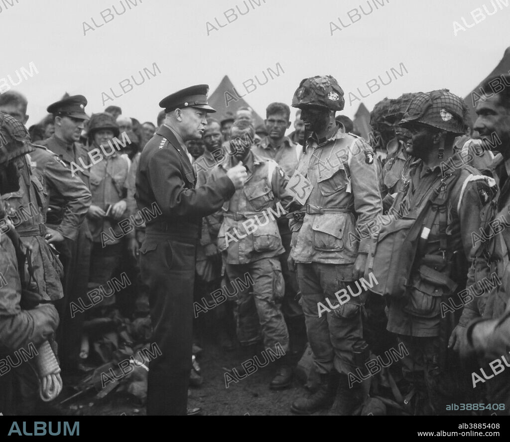 Digitally restored vintage WWII photo of General Dwight D. Eisenhower talking with soldiers of the 101st Airborne Division before the D-Day invasion.
