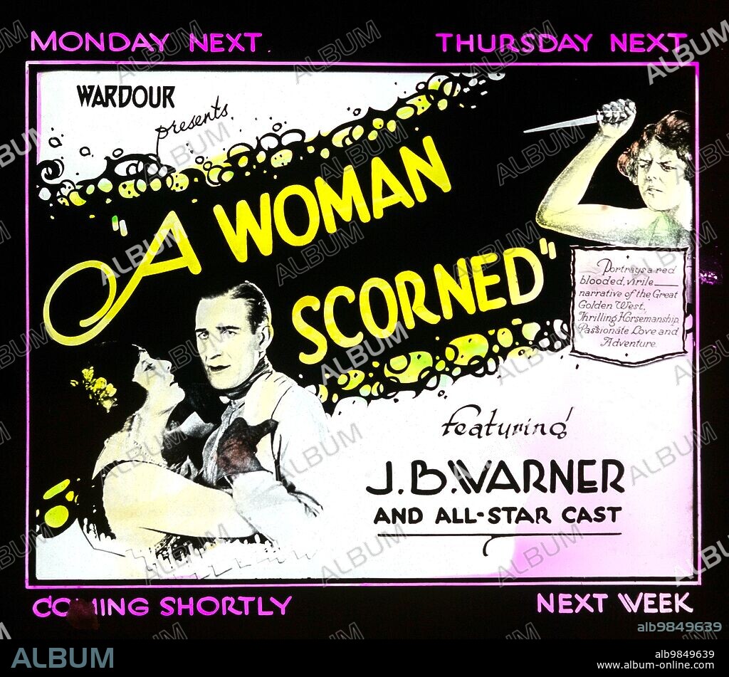 Magic Lantern slide circa 1900, hand coloured, Victorian/Edwardian era. 'A Woman Scorned' (1911), Director D. W. Griffith. Cinematographer Billy Bitzer. Directed by D.W. Griffith. Cinematography by Billy Bitzer. Starring Claire McDowell, Wilfred Lucas, Alfred Paget, Blanche Sweet. Distributed by Biograph Company, Release date November 30, 1911, United States. Running time 13 minutes. In the silent film era, these colourized lantern slides were the equivalent of previews or trailers, alerting the audience to the theatre's upcoming schedule. Blank spaces in the slide's design allowed for a small degree of customization by hand. Films tended to be short by modern standards, so audiences would watch them in batches, rather than seeing one at a time as we do today. Film scholar Lisa Kernan writes that these magic lantern slides were 'projected between features, much like today's slides of local restaurant advertising and movie trivia quizzes.'.