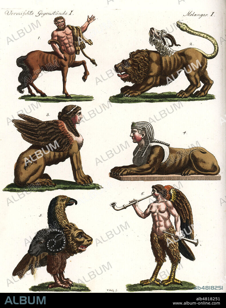 Centaure, CHimere, Sphinx grec et sphinx egyptien, Griffon a tete de lion et de belier et Sirene ailee (homme) , gravure, planche illustree de l'ouvrage BILDERBUCH ou livre d'images (1790-1815) de Friedrich Justin BERTUCH (1747-1822). Livre illustre educatif pour les enfants , vers 1800. Credit SSPL/KHARBINE TAPABOR.