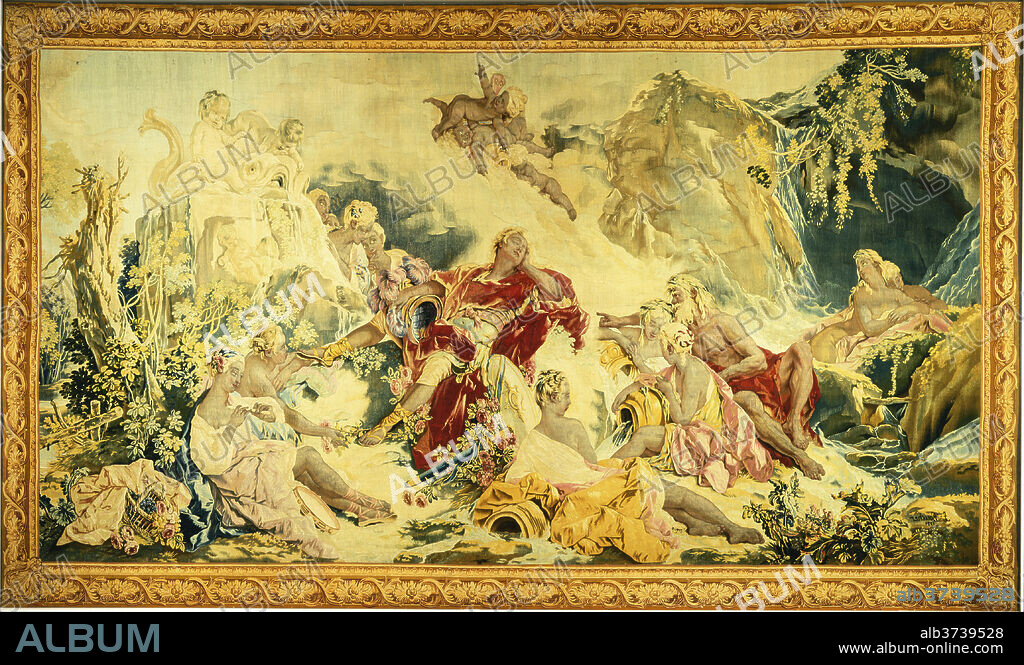 DESIGN AND CARTOON BY FRANçOIS BOUCHER; WOVEN UNDER THE DIRECTION OF JEAN-BAPTISTE OUDRY AND NICOLAS BESNIER AT THE BEAUVAIS MANUFACTORY. Dream of Rinaldo. Dated: c. 1751. Dimensions: overall (approximate dimensions): 281.3 x 472.4 cm (110 3/4 x 186 in.). Medium: tapestry: undyed wool warp; dyed wool and silk weft.