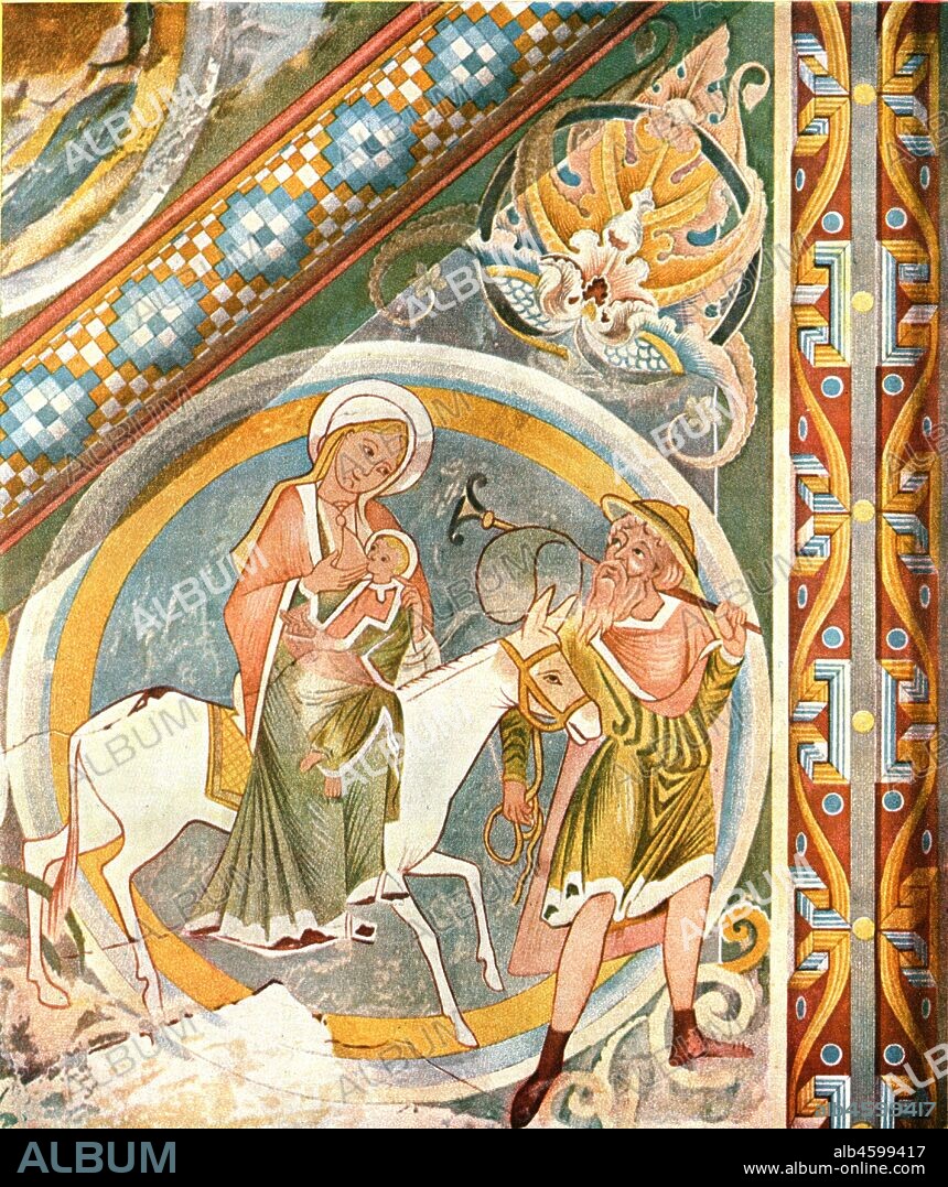 Ceiling decoration in the Chapel of Saint-Julien, Le Petit-Quevilly, Normandy, France, (1928). '1st Half of 13th Century...Painted ceiling in the choir of the Church at Petit Quevilly...The Flight from Egypt...The influence of stained glass cannot be doubted. It is noticeable in the medallion with blue background, in the colours of the costume and in the rich plant ornament'. After P. Gelis-Didot et H. Laffillee. Plate LXII , fig 134, from "An Encyclopaedia of Colour Decoration from the Earliest Times to the Middle of the XIXth Century" with explanatory text by Helmuth Bossert. [Ernst Wasmuth Ltd., Berlin, 1928].
