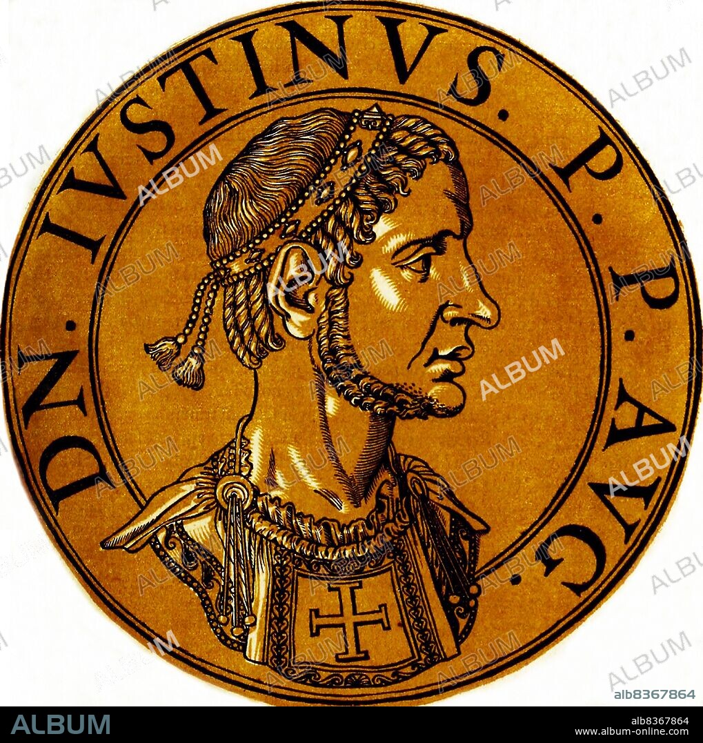 Turkey / Byzantium: Justin I (450-527), Byzantine emperor, from the book <i>Icones imperatorvm romanorvm</i> (Icons of Roman Emperors), Antwerp, c. 1645. Justin I was a peasant and swineherd by birth, and after fleeing to Constantinople from an invasion, joined the army. His ability and skill saw him rise through the ranks to eventually become a general under Emperor Anastasius I. Justin I became so close to the emperor that by the time of his death in 518, Justin had become commander of the Excubitors, the palace guard. He was able to secure election as emperor due to his position and carefully placed bribes to the troops in the city.