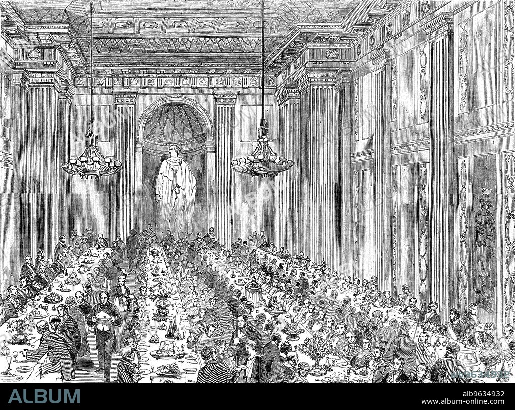 Anniversary Dinner of the Royal Masonic Institution for Boys, 1856. Masonic charity '...established in 1798 for the purpose of clothing, educating, and apprenticing the sons of indigent and deceased Freemasons...[View in Freemasons' Hall, London, at the] the moment when the boys were introduced to the Grand Master by the stewards...The tables were elegantly decorated with vases and candelabra, and the whole presented a very imposing spectacle; whilst the excellence of the viands did great credit to the establishment...the brethren were presided over by the M.W.G.M. the Earl of Zetland...Several prizes (annually presented by Brother Smith...) were given to the boys, and a number of appropriate toasts drunk. The subscriptions of the evening amounted to between £1400 and £1500, two-thirds of which went to the building and the other third to the general fund'. From "Illustrated London News", 1856.