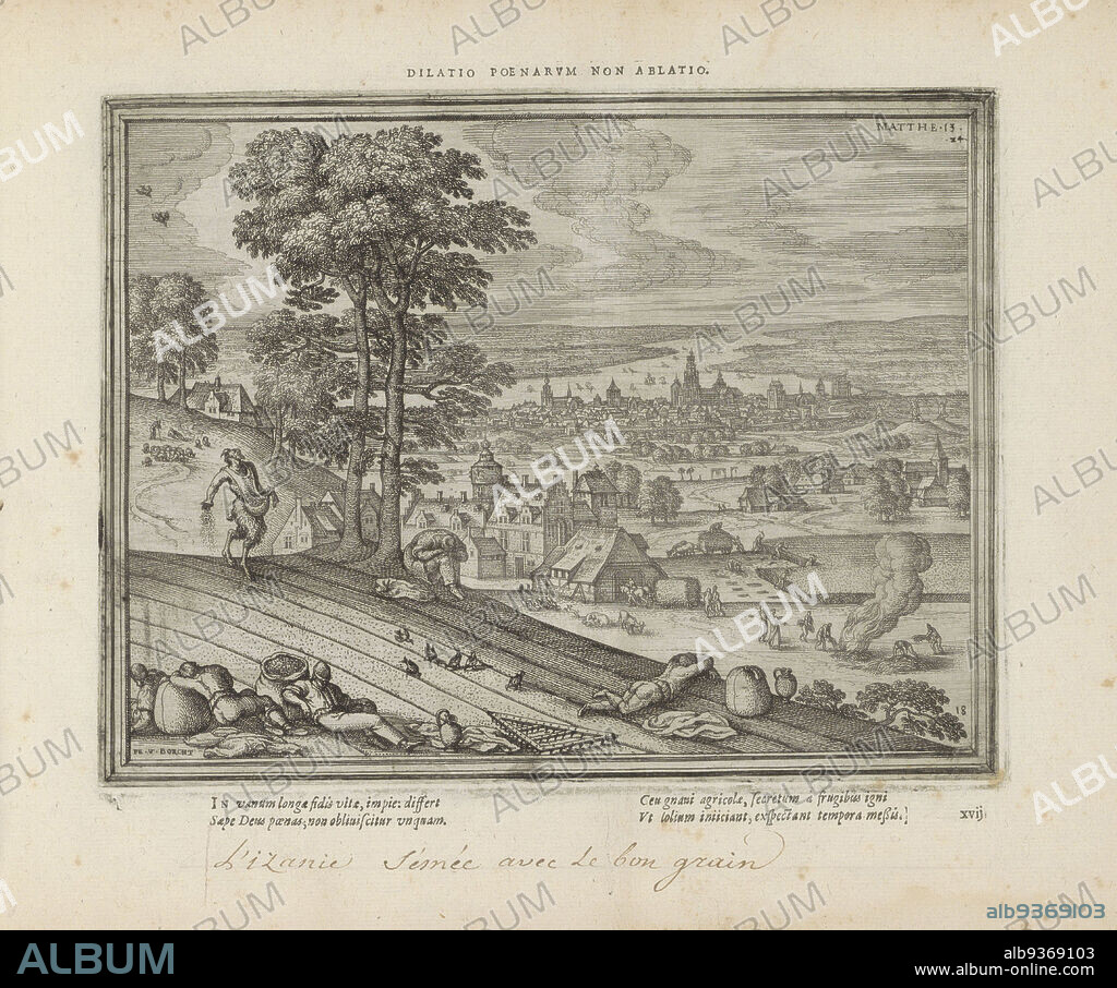 Landscape with the likeness of the weeds under the grain, Dilatio poenarum non ablatio (title on object), Emblemata Novi Testamenti (series title), Emblemata Sacra è praecipuis utriusque testamenti historiis concinnata (New Testament) (series title), Imagines et figurae bibliorum (series title), Landscape with farming. In the foreground Christ's parable of the devil sowing weeds among the wheat, while the farmers sleep (Mat. 13:24). With a motto in Latin above the image and a four-line caption in Latin below the print. The print is part of an album., print maker: Pieter van der Borcht (I) (mentioned on object), Bernardus Sellius, print maker: Antwerp, publisher: Amsterdam, 1582 - 1593 and/or 1613, 9: paper, letterpress printing, etching, height 190 mm × width 248 mm.
