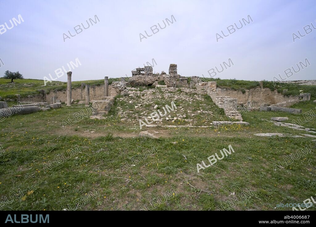 The Temple of Minerva, Dougga (Thugga), Tunisia. Little is left of the Temple of Minerva, built between AD 138 and 161, or of the nearby pre-Roman town walls.