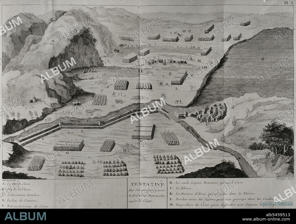 Guerra de las Galias (58 a.C.-50 a.C.). Campaña contra los helvecios (58 a.C.). Intento de los helvecios de cruzar el Ródano y los atrincheramientos de César. Grabado. "Commentaires de César, avec de notes historiques, critiques et militaires", por el Conde Turpin de Crisse. Tomo I. Obra publicada en Montargis y vendida en París, 1785.