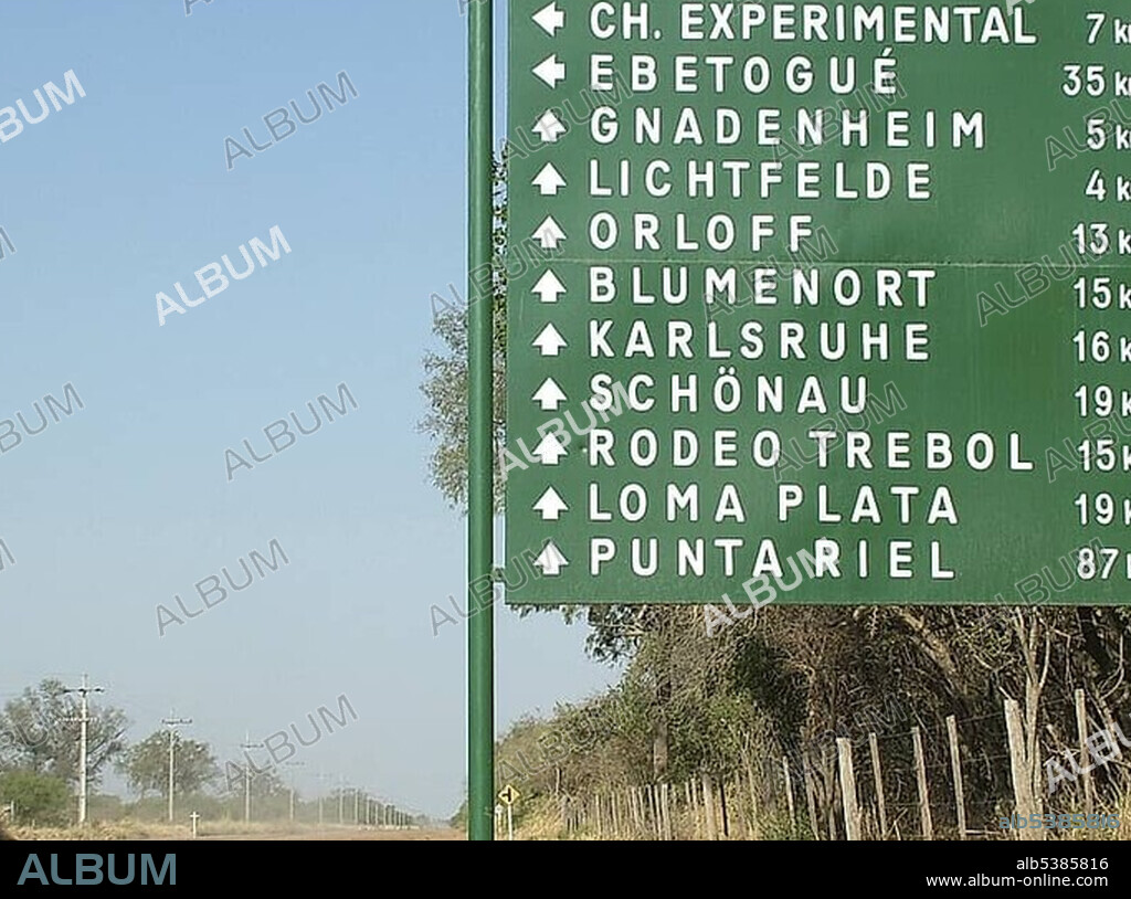 Road sign with German villages, Mennonite colony, Filadelfia, Fernheim, Gran Chaco, Paraguay