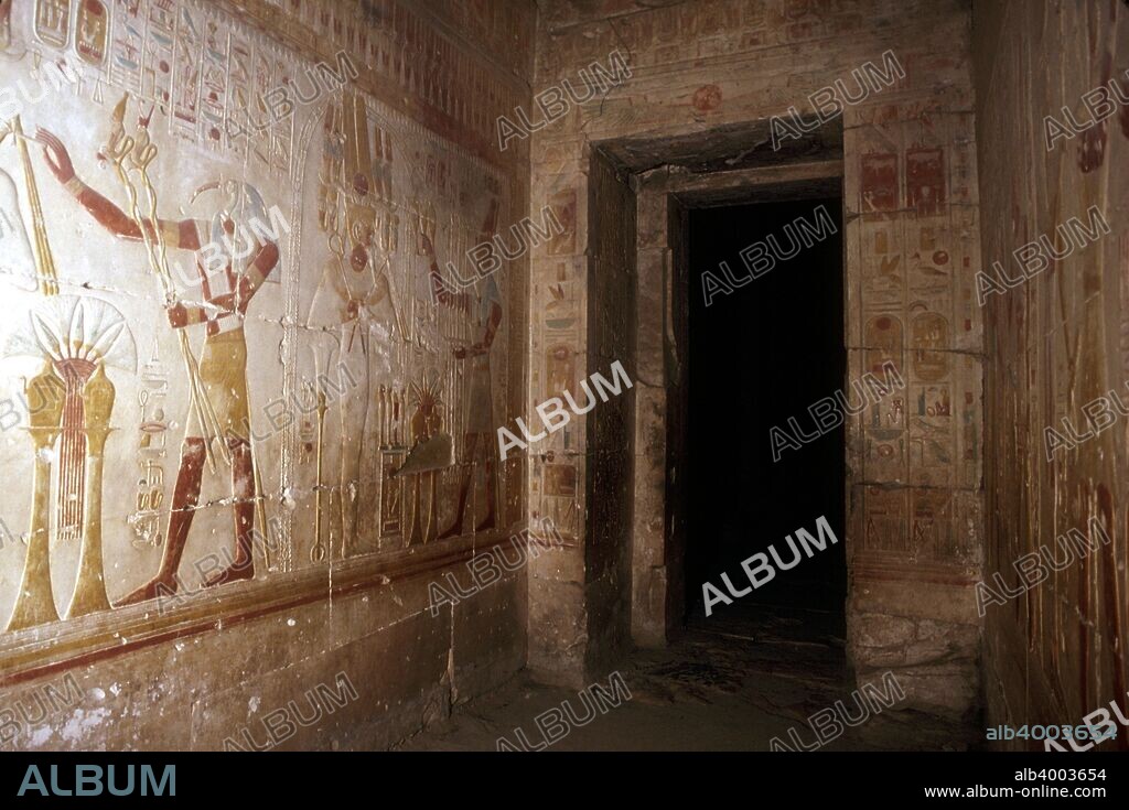 Wallpaintings on the interior of Chapel of Thoth etc, Temple of Sethos I (Seti I), Abydos, Egypt, 19th Dynasty, c1280 BC.