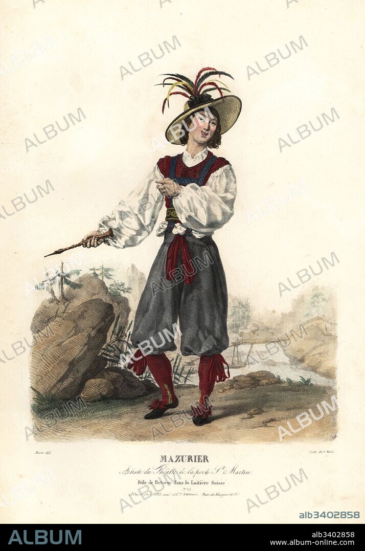 Dancer and mime Charles-Francois Mazurier as Beterse in the ballet pantomime La Laitiere Suisse, The Swiss Milkmaid, by Antoine Titus and Frederic-Auguste Blache, Theatre le la Porte St. Martin, 1823. Handcoloured lithograph by F. Noel after an illustration by Lavigne Marin from Portraits d'Acteurs et d'Actrices dans different roles, F. Noel, Paris, 1825.