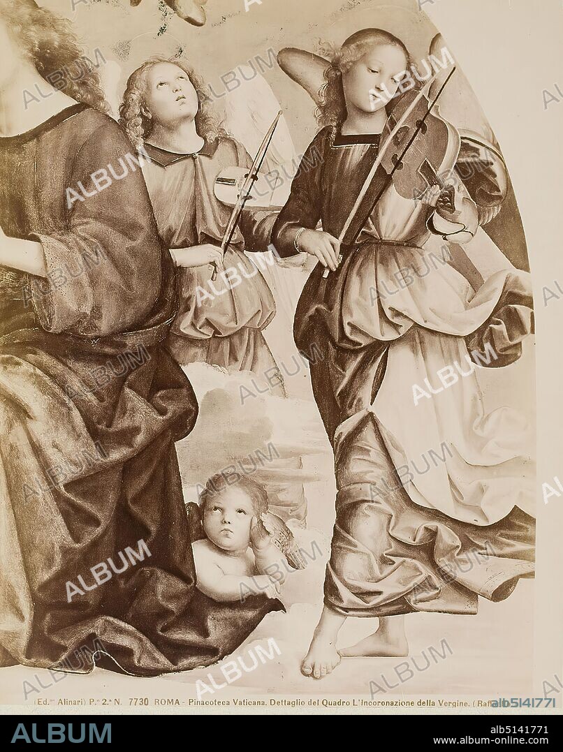 detail of the painting The Coronation of the Virgin Mary by Raphael, Vatican Museums, Pinacoteca, Rome, albumin paper, black and white positive process, image size: height: 24,80 cm; width: 19,40 cm, ROMA - Pinacoteca Vaticana. Dettaglio del Quadro L' Incoronazione della Vergine. (Raffaello), angel (Christian religion), violin, violin, fiddle, painting.
