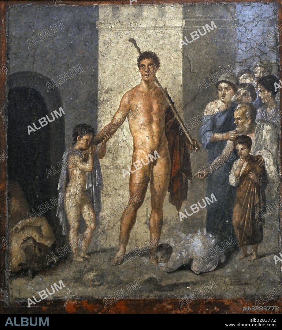 Pintura mural romana. Teseo vencedor del Minotauro. Cuarto Estilo Pompeyano. Casa de Gavia Rufo, Pompeya. Siglo I d. c. Museo Arqueológico Nacional. Nápoles. Italia.