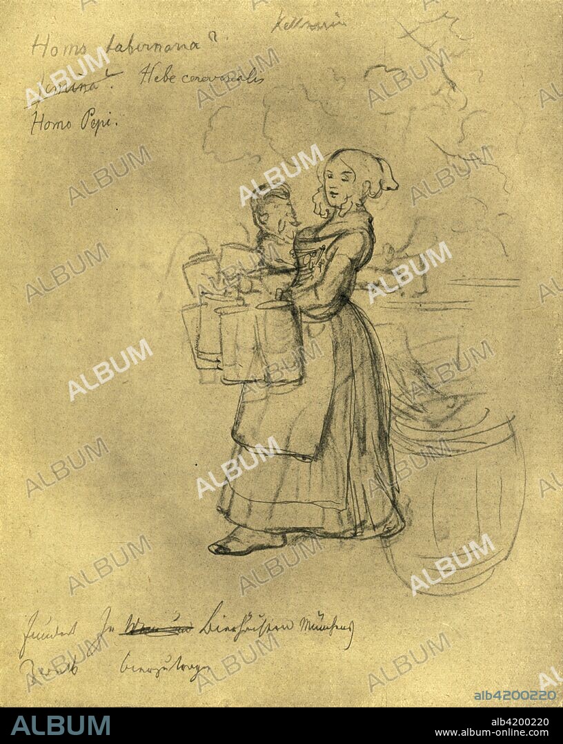 'Die Kellnerin', mid-late 19th century, (c1924). 'The waitress'. Barmaid carrying steins of beer. From "Die gute alte Zeit: Zeichnungen von Karl Spitzweg", (The Good Old Days: drawings by Karl Spitzweg). [Benjamin Harz, Berlin-Vienna, c1924].