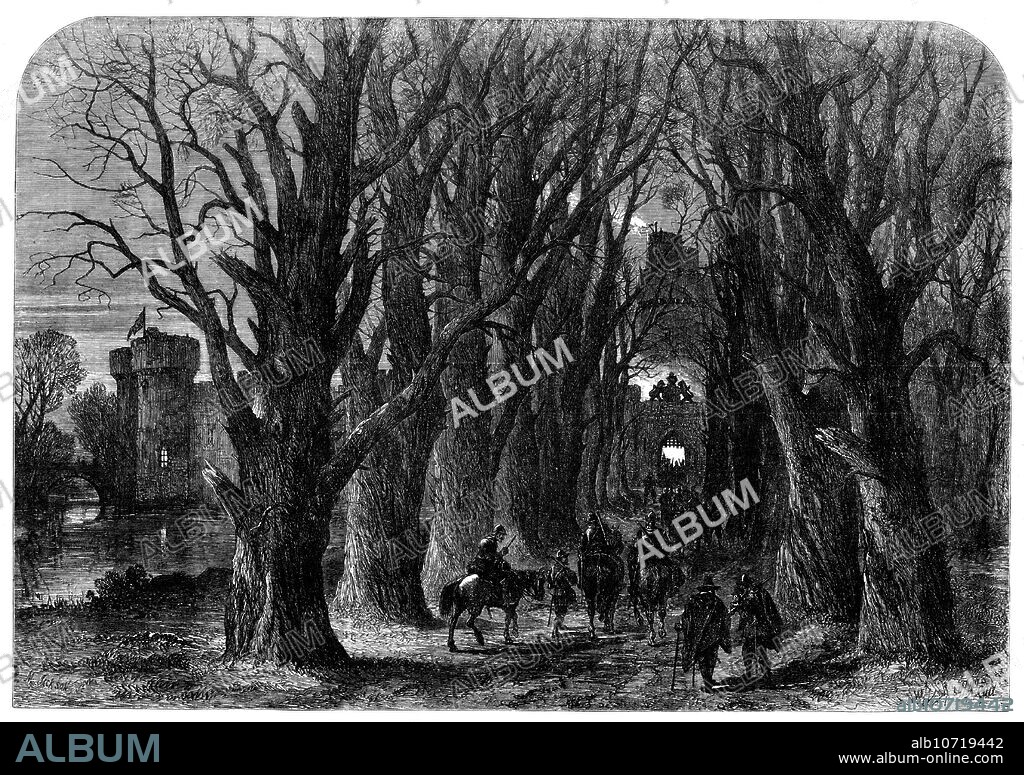 MASON JACKSON. The Return, (see "The Roundhead's Parole") - drawn by Samuel Read, 1864. Illustration to a short story. 'The barges went heavily back to Chillington with the returning tide, not with Saxby and his men, and yet not empty, but each with a ghastly and groaning load - the dead, dying, and wounded Cavaliers whom Saxby and the garrison had laid low. A little after sunset a weary and straggling band...returned to the castle through the chestnut avenue to find the beacon flaring still. In the rear of this melancholy troop came the Chaplain. He leaned heavily on his stick, and now and then also supported himself by the arm of Wilfred the Broad, who walked beside him. The man kept stopping and looking at the Chaplain, as if he momentarily expected him to fall. He had been in the very thick of the fight, wearing armour that had concealed him, and had received a wound in the neck. But he had, though ceasing to fight, and while getting rid of his armour, declared it to be trifling, and refused to wait and return with the barges. He had not got half way across the courtyard, however, when he fell down in a faint'. From "Illustrated London News", 1864.